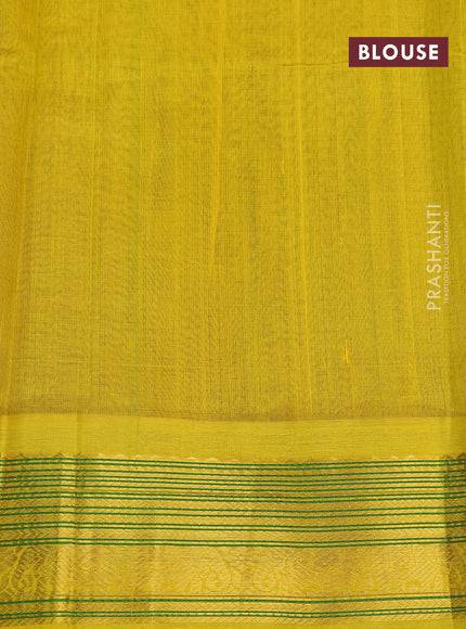 Silk cotton saree dark green and lime yellow with zari woven buttas and zari woven korvai border