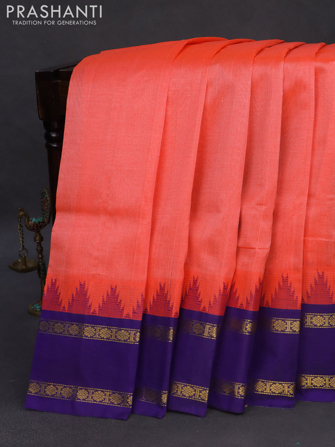 Silk cotton saree peach pink and violet with plain body and temple design rettapet zari woven korvai border