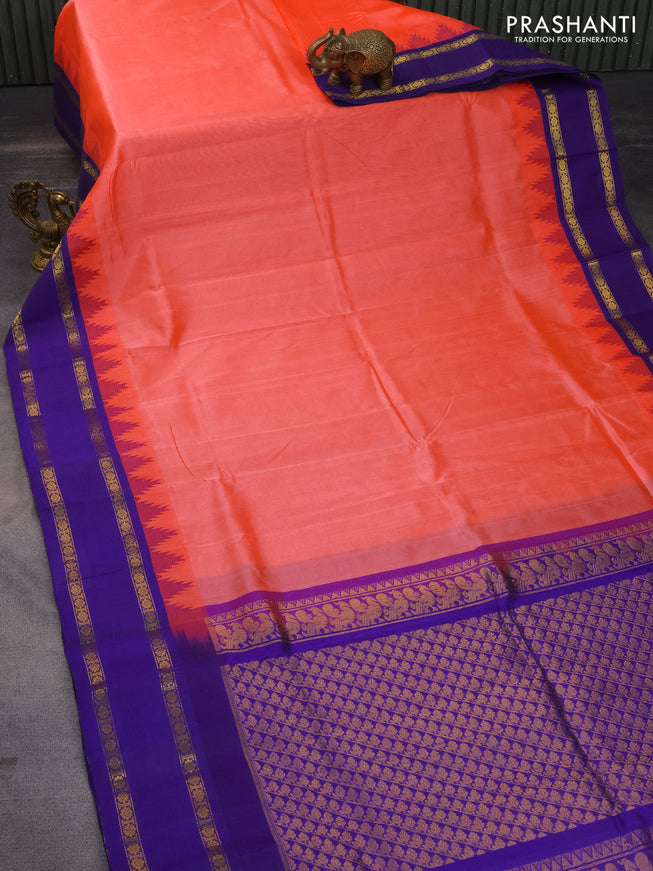 Silk cotton saree peach pink and violet with plain body and temple design rettapet zari woven korvai border