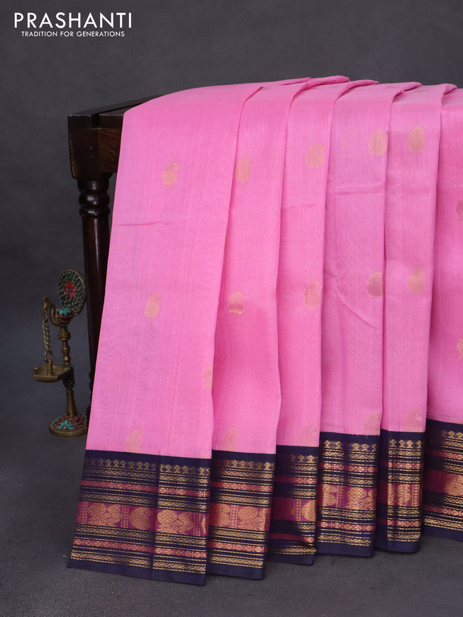 Silk cotton saree light pink and blue with zari woven buttas and zari woven korvai border