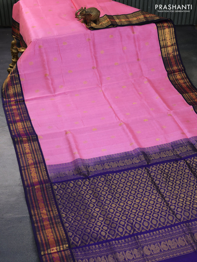 Silk cotton saree light pink and blue with zari woven buttas and zari woven korvai border