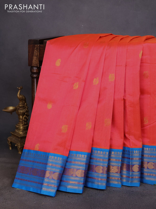 Silk cotton saree dual shade of pink and cs blue with zari woven buttas and zari woven korvai border