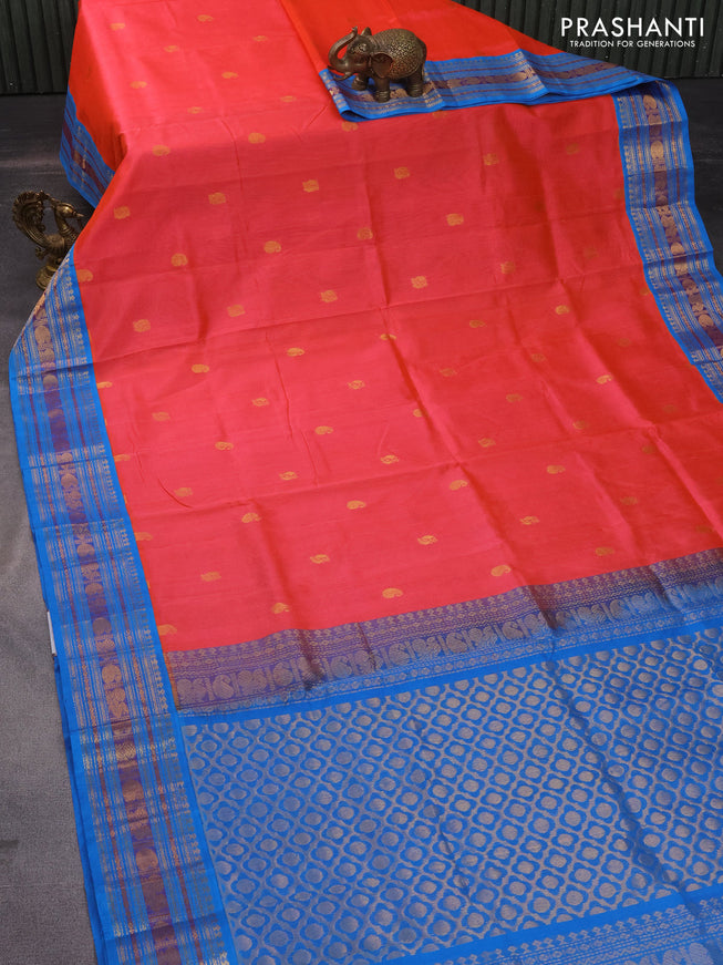 Silk cotton saree dual shade of pink and cs blue with zari woven buttas and zari woven korvai border