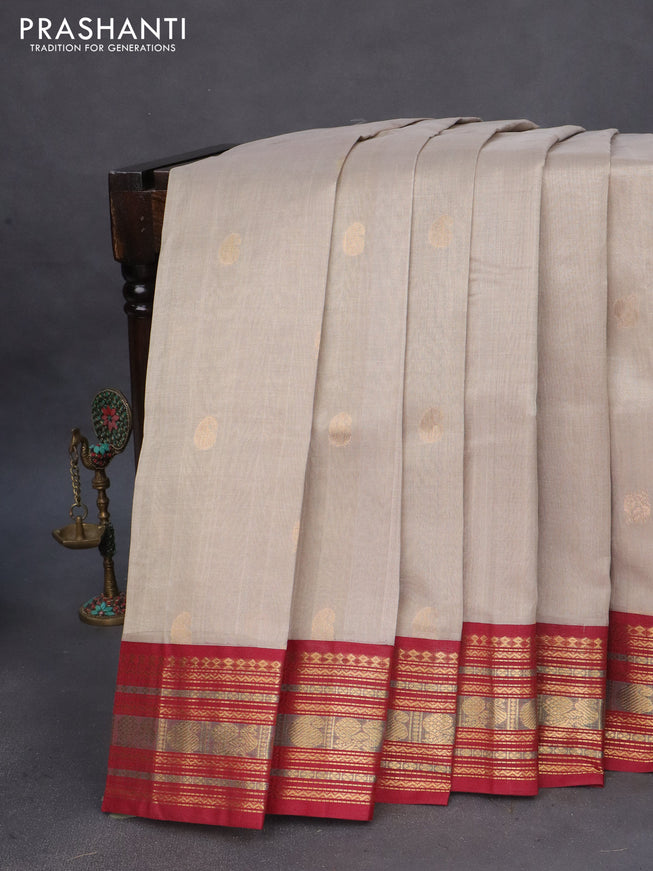 Silk cotton saree grey and maroon with zari woven buttas and zari woven korvai border