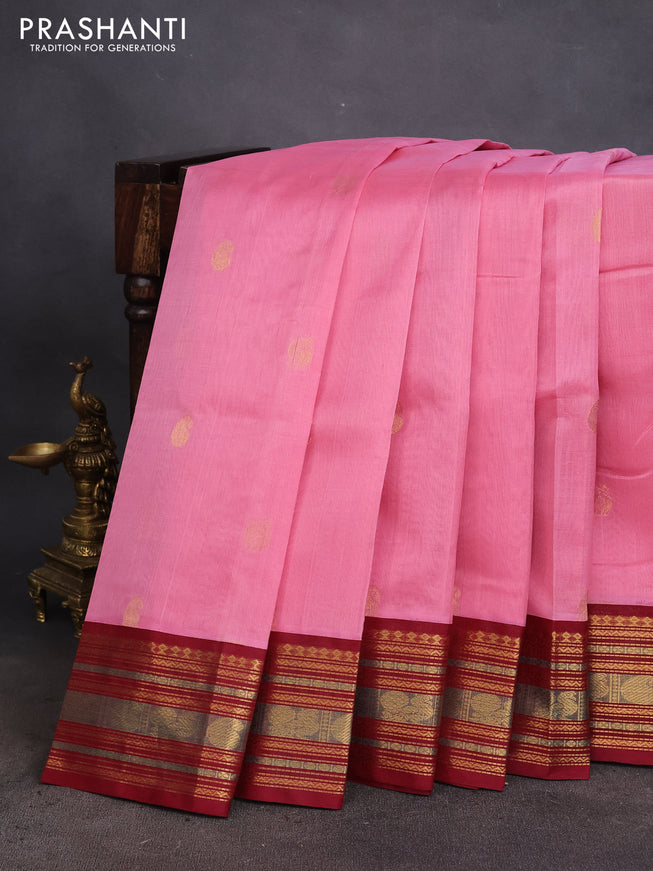 Silk cotton saree lotus pink and maroon with zari woven buttas and zari woven korvai border