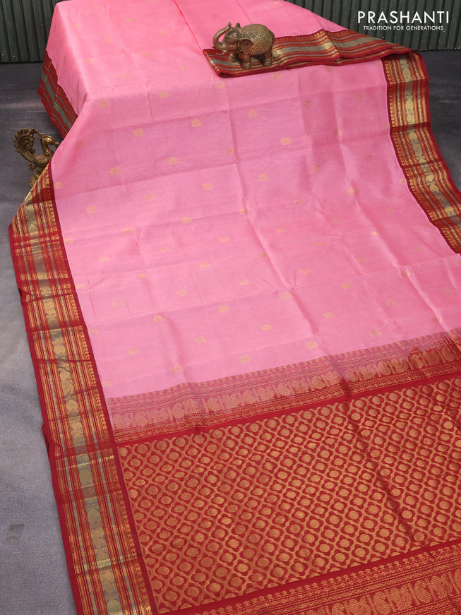 Silk cotton saree lotus pink and maroon with zari woven buttas and zari woven korvai border