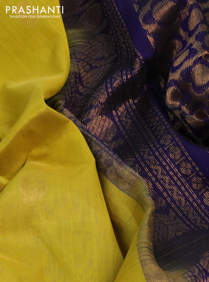 Silk cotton saree lime yellow and navy blue with zari woven buttas and zari woven korvai border