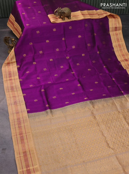 Silk cotton saree purple and sandal with zari woven buttas and zari woven korvai border