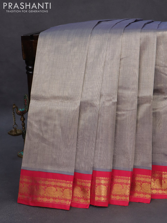 Silk cotton saree grey shade and pink with plain body and zari woven annam korvai border