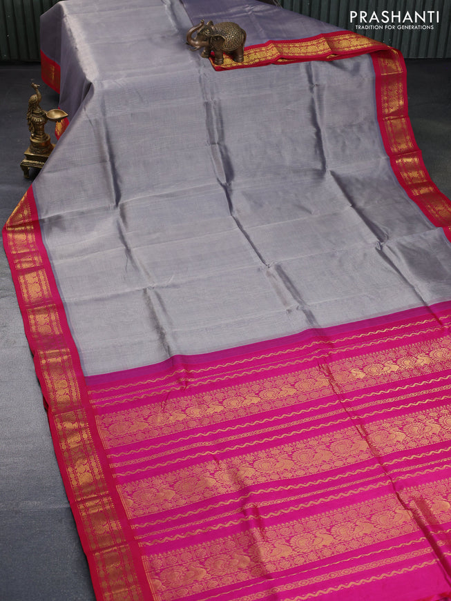 Silk cotton saree grey shade and pink with plain body and zari woven annam korvai border