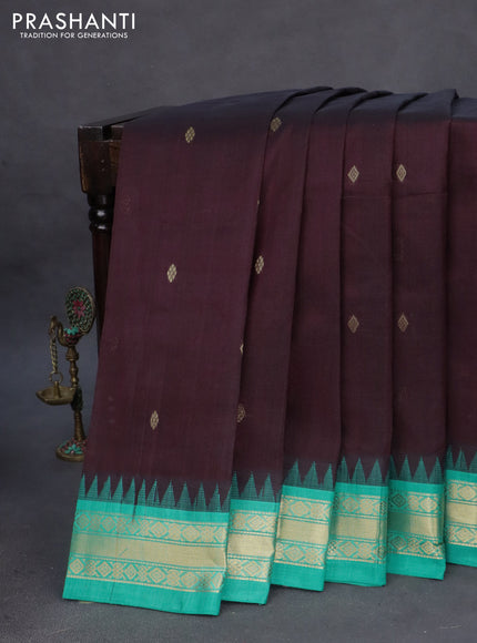 Silk cotton saree deep coffee brown and teal blue with zari woven buttas and zari woven korvai border