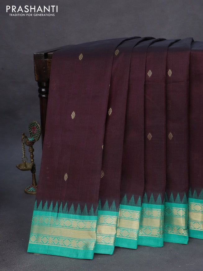 Silk cotton saree deep coffee brown and teal blue with zari woven buttas and zari woven korvai border