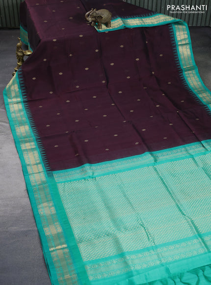 Silk cotton saree deep coffee brown and teal blue with zari woven buttas and zari woven korvai border