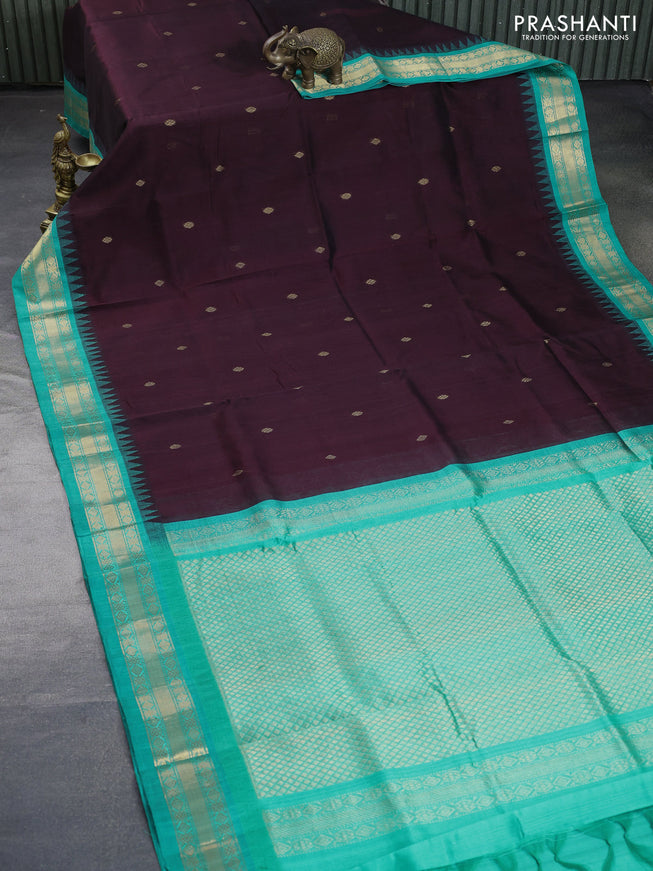 Silk cotton saree deep coffee brown and teal blue with zari woven buttas and zari woven korvai border