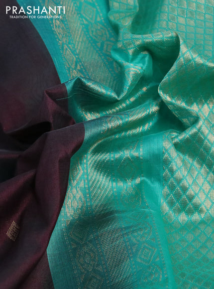 Silk cotton saree deep coffee brown and teal blue with zari woven buttas and zari woven korvai border