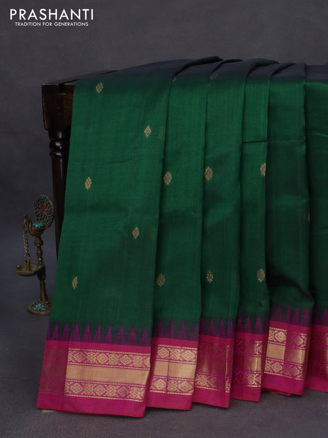 Silk cotton saree dark green and pink with zari woven buttas and zari woven korvai border