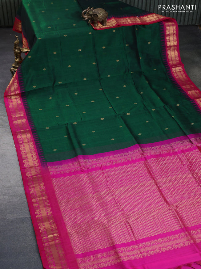 Silk cotton saree dark green and pink with zari woven buttas and zari woven korvai border