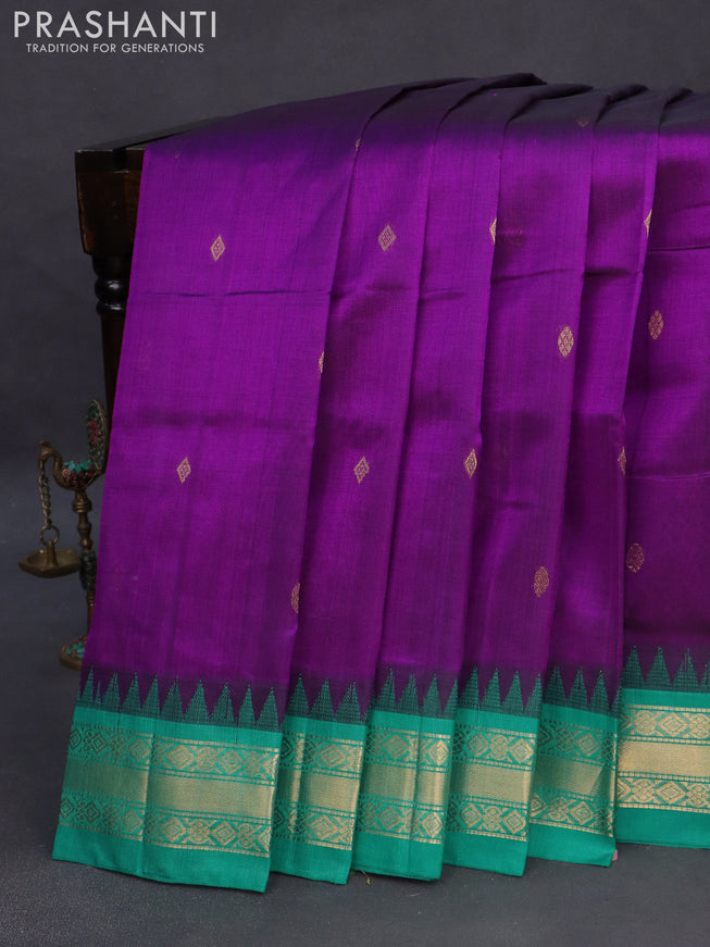 Silk cotton saree purple and teal blue with zari woven buttas and zari woven korvai border