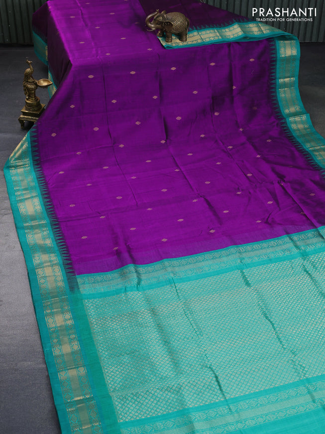 Silk cotton saree purple and teal blue with zari woven buttas and zari woven korvai border