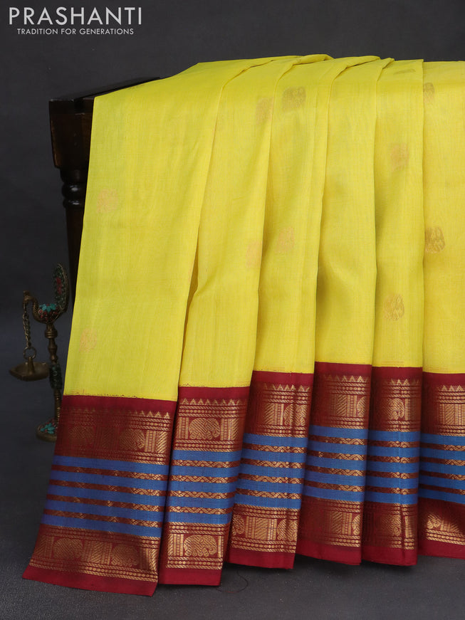 Silk cotton saree lime yellow and maroon with zari woven elephant buttas and long zari woven korvai border