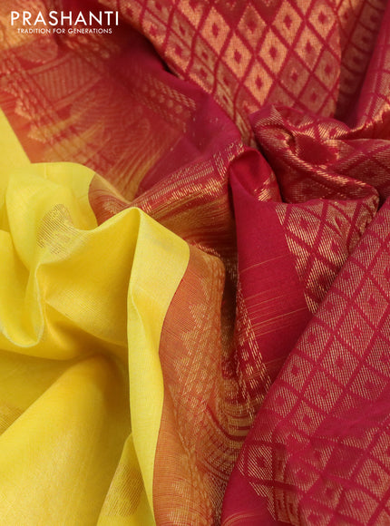 Silk cotton saree lime yellow and maroon with zari woven elephant buttas and long zari woven korvai border