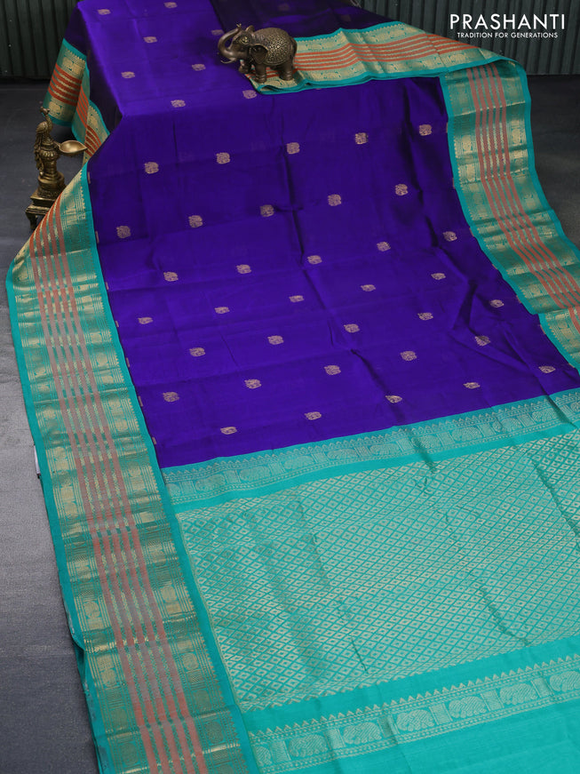 Silk cotton saree blue and teal blue with zari woven elephant buttas and long zari woven korvai border