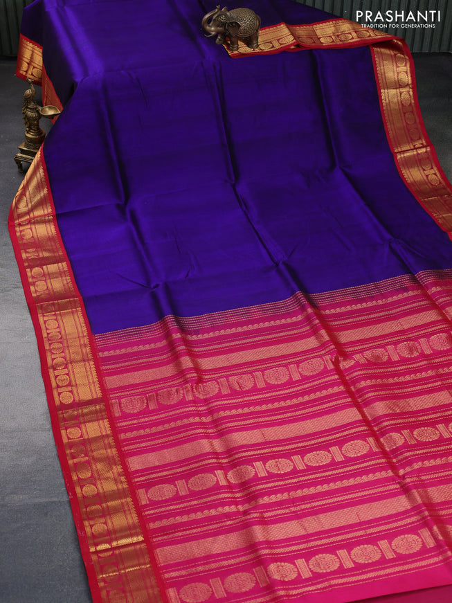 Silk cotton saree blue and pink with plain body and zari woven korvai border