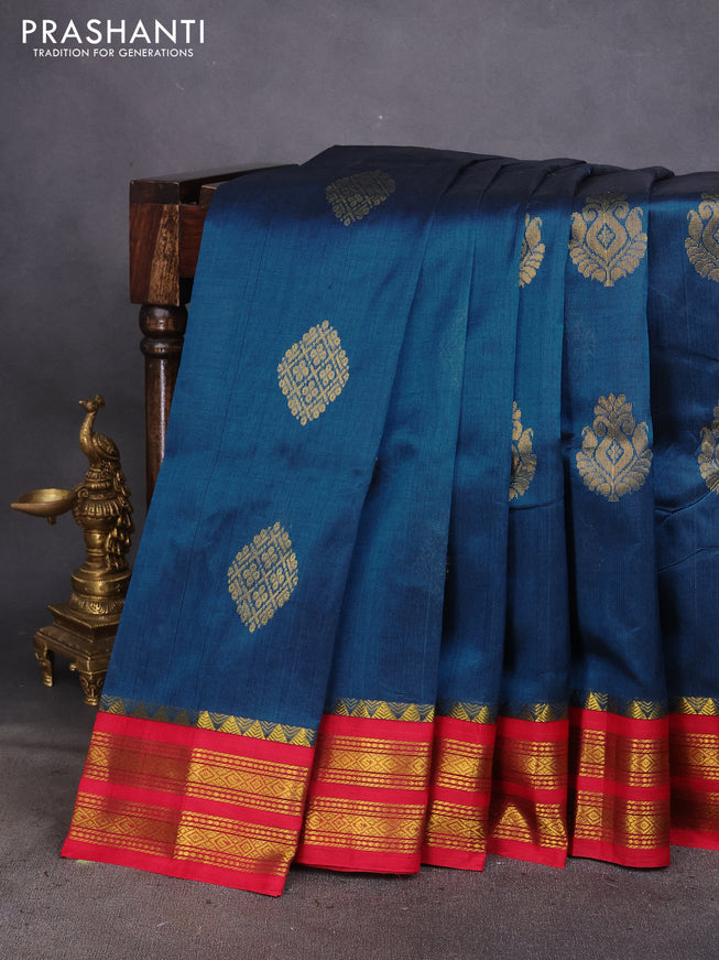 Silk cotton saree peacock blue and red with zari woven buttas and zari woven korvai border