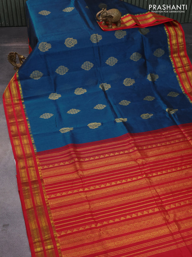 Silk cotton saree peacock blue and red with zari woven buttas and zari woven korvai border