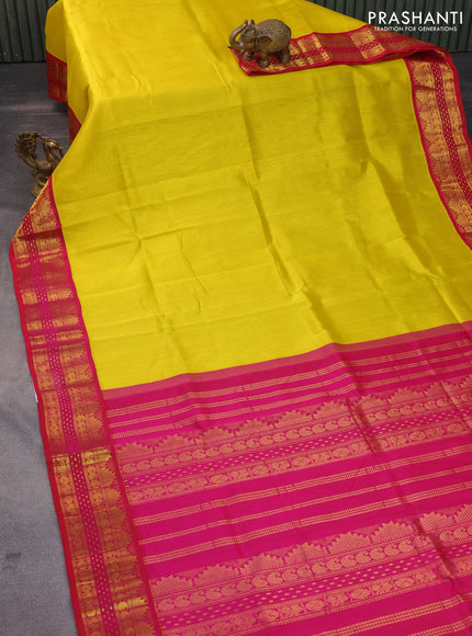 Silk cotton saree lime yellow and pink with plain body and zari woven korvai border