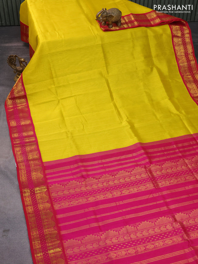 Silk cotton saree lime yellow and pink with plain body and zari woven korvai border