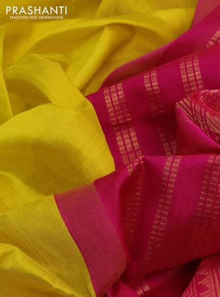 Silk cotton saree lime yellow and pink with plain body and zari woven korvai border