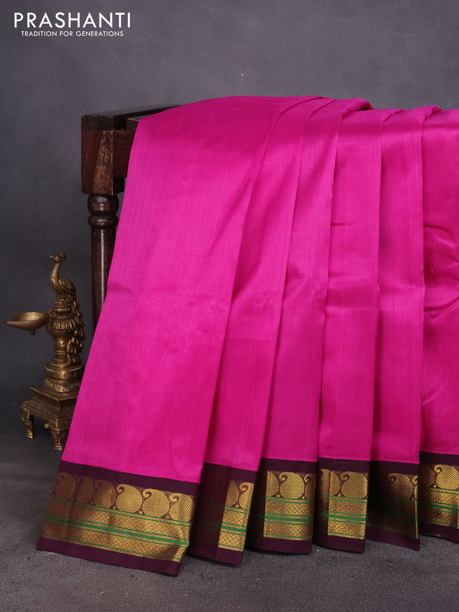 Silk cotton saree pink and coffee brown with plain body and zari woven korvai border