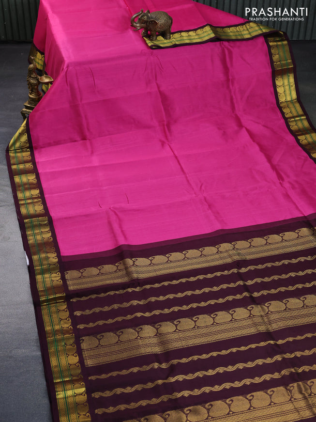 Silk cotton saree pink and coffee brown with plain body and zari woven korvai border