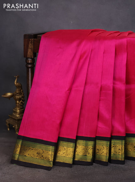 Silk cotton saree pink and coffee brown with plain body and zari woven elephant korvai border