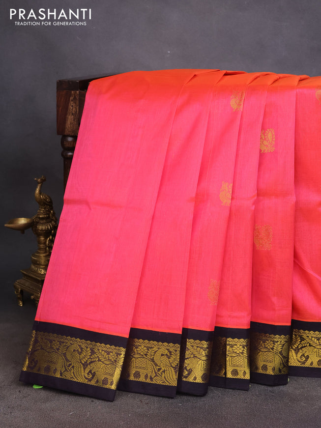 Silk cotton saree dual shade of pink and deep navy blue with plain body and zari woven korvai border