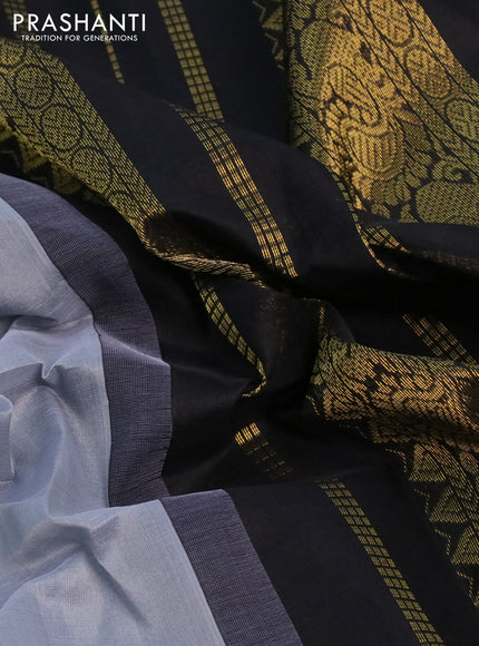 Silk cotton saree grey and black with plain body and zari woven korvai border