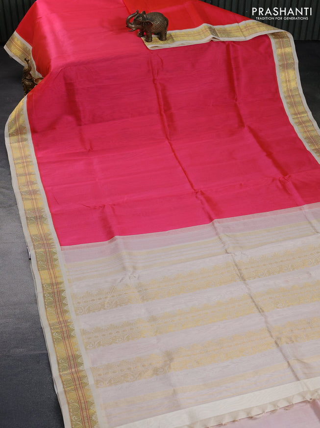 Silk cotton saree pink and cream with plain body and zari woven korvai border