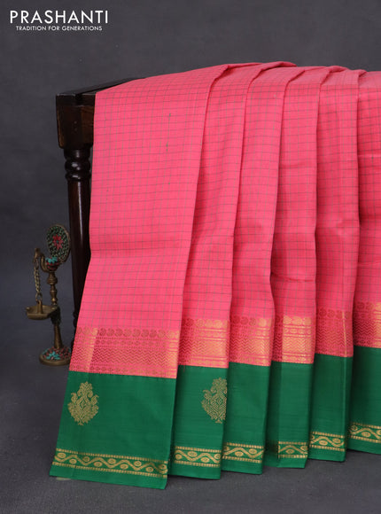 Silk cotton saree pink and green with allover thread checked pattern and rettapet zari woven korvai butta border