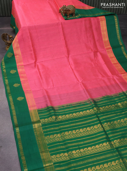 Silk cotton saree pink and green with allover thread checked pattern and rettapet zari woven korvai butta border