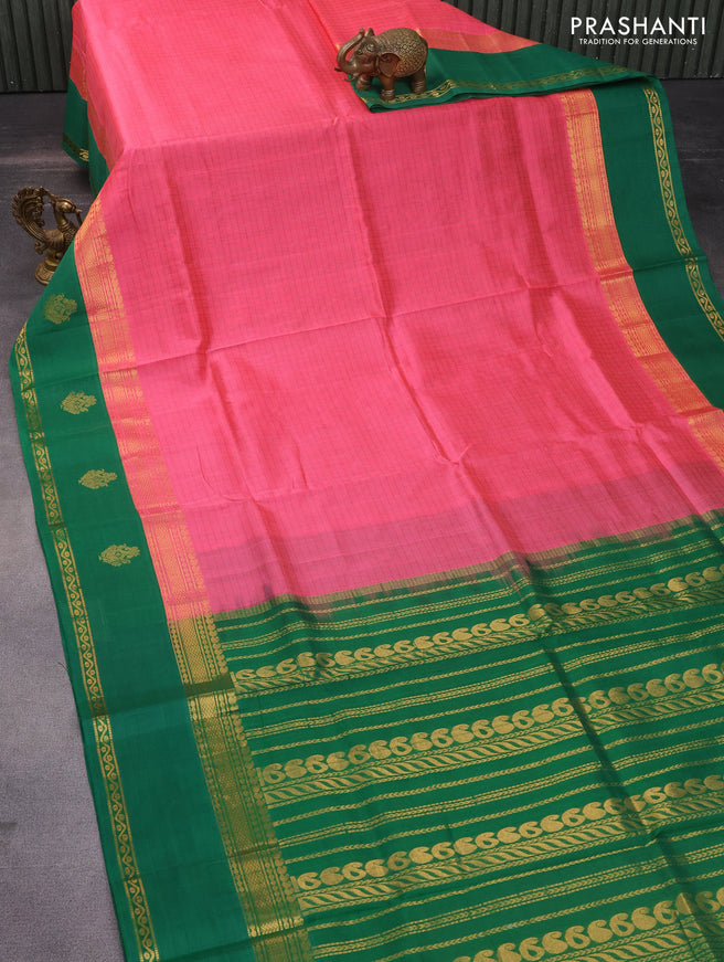 Silk cotton saree pink and green with allover thread checked pattern and rettapet zari woven korvai butta border