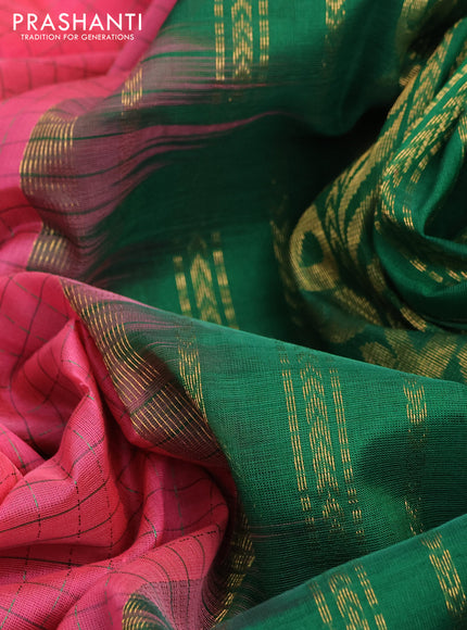 Silk cotton saree pink and green with allover thread checked pattern and rettapet zari woven korvai butta border