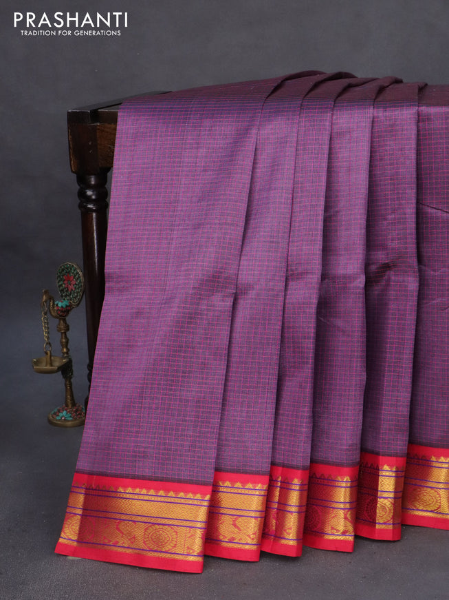 Silk cotton saree jamun shade and pink with allover thread checked pattern and zari woven korvai border