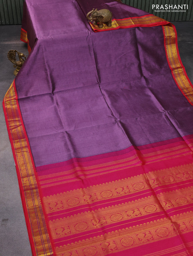 Silk cotton saree jamun shade and pink with allover thread checked pattern and zari woven korvai border