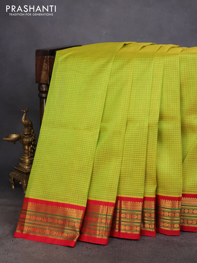 Silk cotton saree lime green and red with allover thread checked pattern and zari woven korvai border