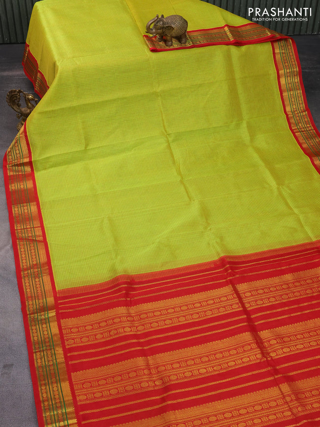 Silk cotton saree lime green and red with allover thread checked pattern and zari woven korvai border