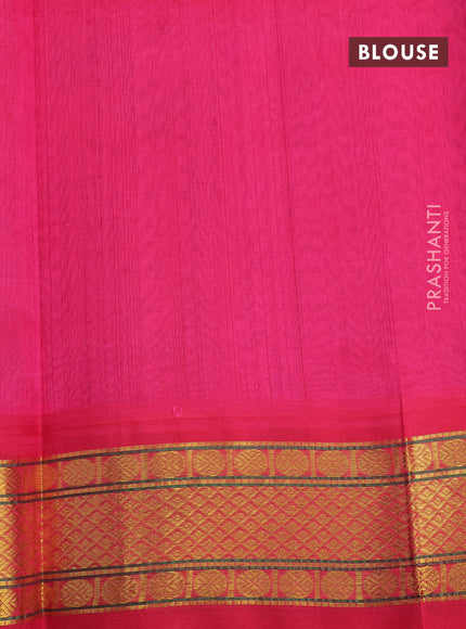 Silk cotton saree dark mehendi green and pink with allover thread checked pattern and zari woven korvai border