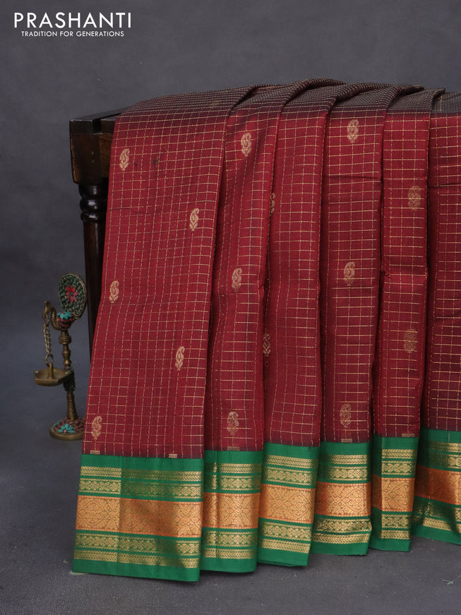 Silk cotton saree coffee brown and green with zari woven checks & buttas and zari woven korvai border