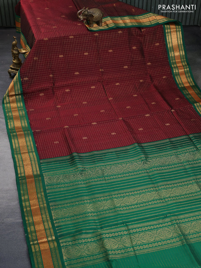 Silk cotton saree coffee brown and green with zari woven checks & buttas and zari woven korvai border