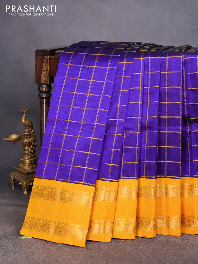 Silk cotton saree blue and lime yelllow with allover zari checked pattern and rettapet zari woven korvai border